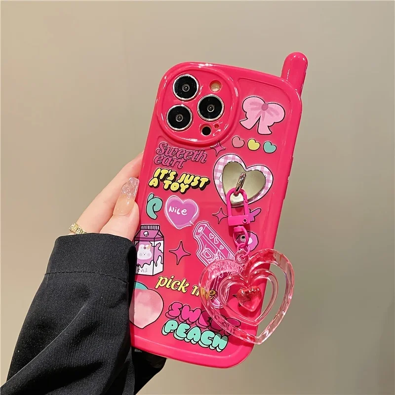 Valentine's Day 3D Cartoon Soft Protective Cover Phone Case With Love Heart Keychain For IPhone 14 13 12 11 XS XR X Plus Pro Max