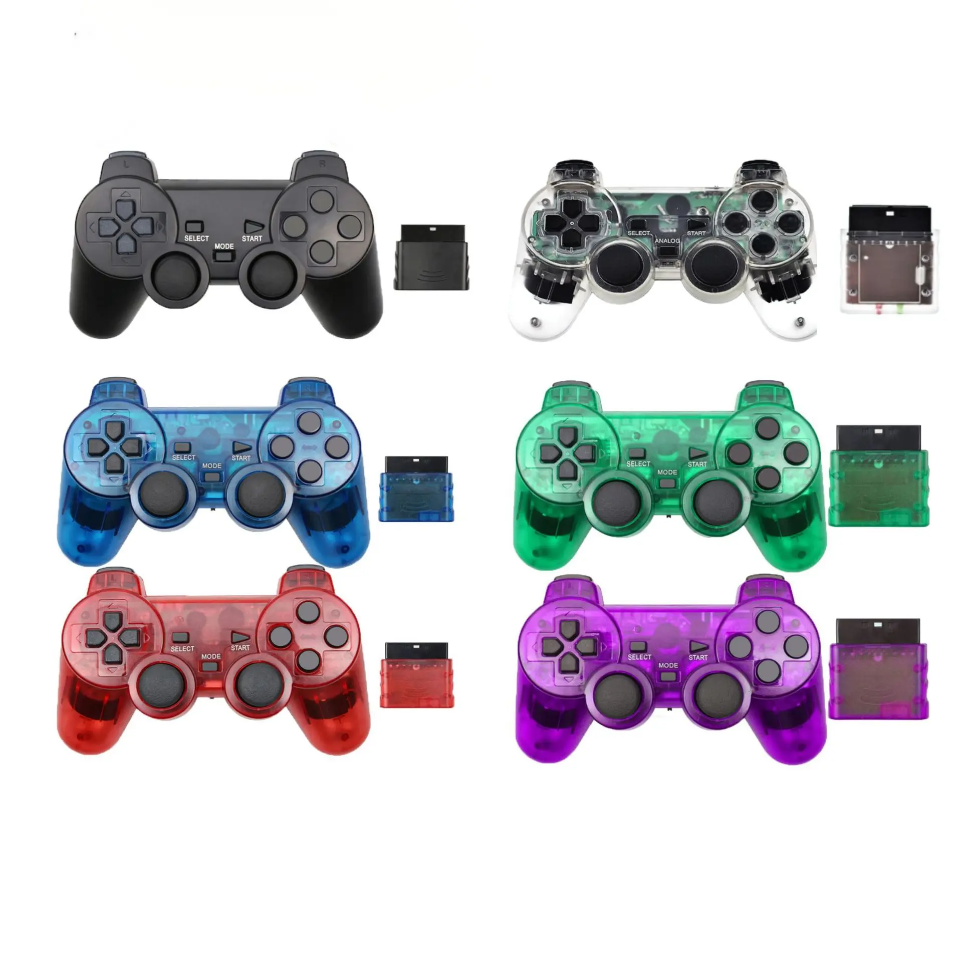 Фото Прозрачный цветной беспроводной геймпад для Sony PS2, 2,4G, вибрационный джойстик, Bluetooth-контроллер для Playstation 2, джойпад №1