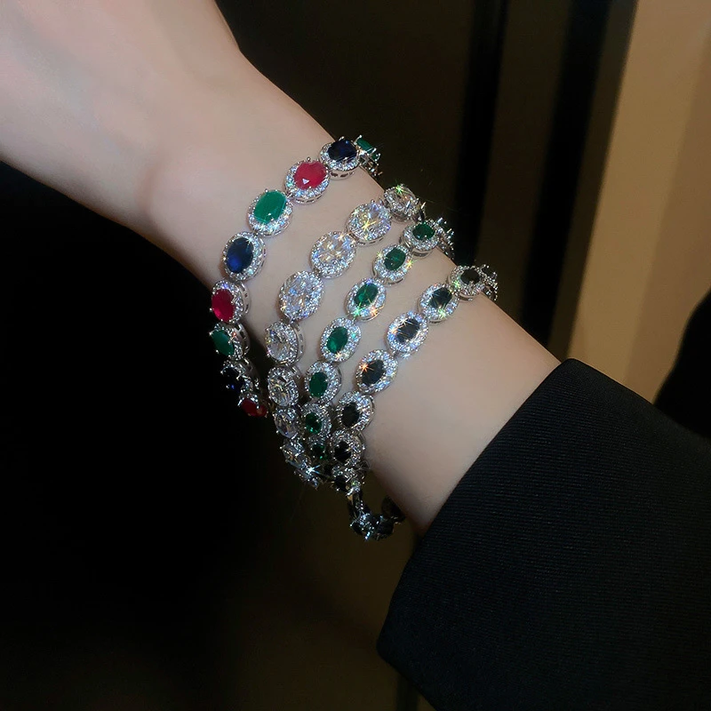 

Luxury Multi Color Oval Cubic Zirconia Tennis Bracelets For Women Real Gold Plated Copper Bracelet Bangle Lady Party Jewelry