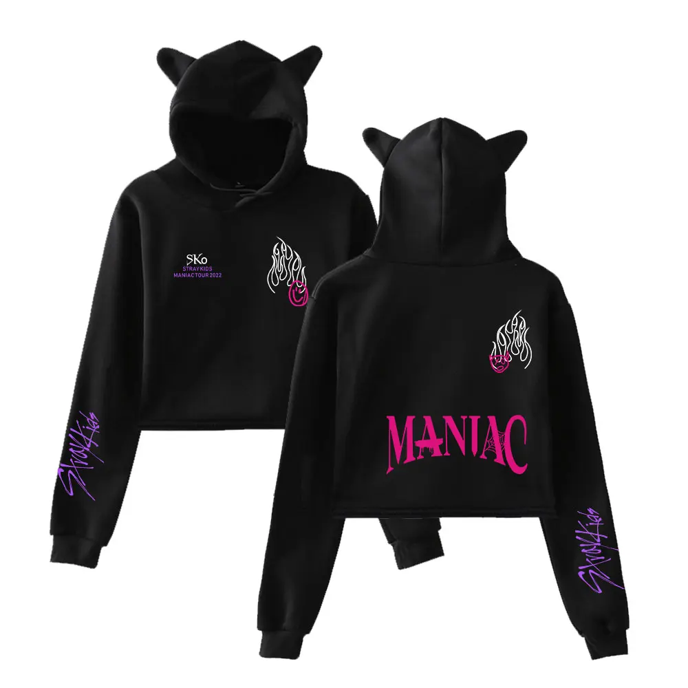 

Детская толстовка Stray SKZ MANIAC World Tour, худи, Женская толстовка с кошачьими ушками, модные популярные укороченные топы для девочек, худи, одежда д...
