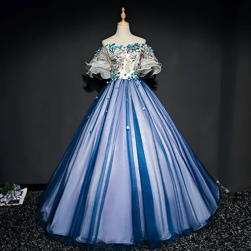 

Sweet Flower Vestidos Quinceanera Dresses Classic Half Sleeve Party Dress Off The Shoulder Ball Gown Real Photo Plus Prom Dress