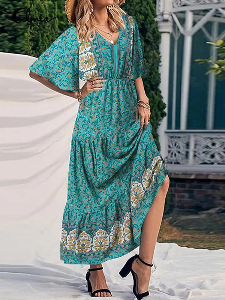 

Винтажное платье Celmia с заплатками, женское длинное платье с расклешенным рукавом, богемное праздничное вечерние с цветочным принтом, повсе...