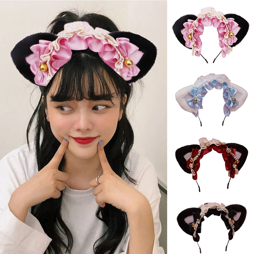 

Plush Lace Cat Ears Ruffled Hairband Fluffy Triangular Cat Ear Headpiece Ribbon Bowknot Bells Hair Hoop Lolita Hair Accessories