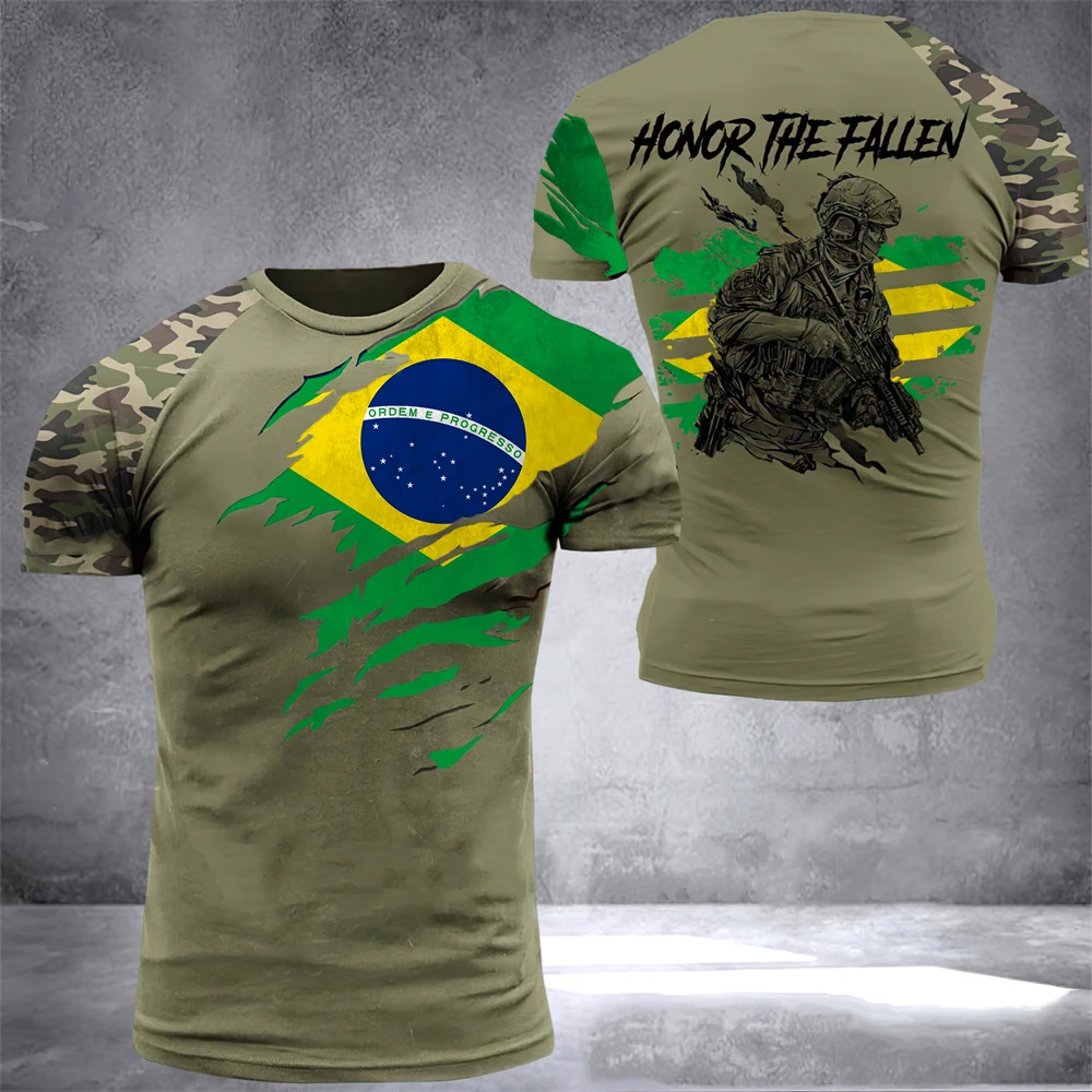 

Brazil Men's T Shirt Brazilian Soldier-Army-Veteran Country Flag 3d Print T-shirt Summer Camouflage Tops Oversized Clothes 2023