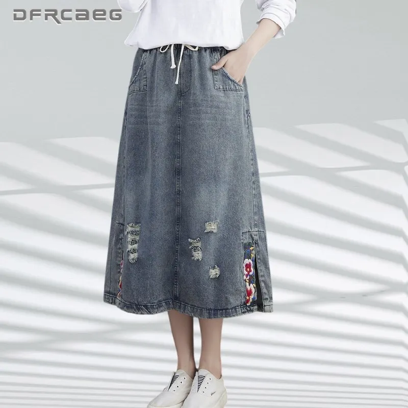 

Женская джинсовая юбка с высокой талией, свободная винтажная рваная юбка из денима с цветочной вышивкой в уличном стиле, лето 2023