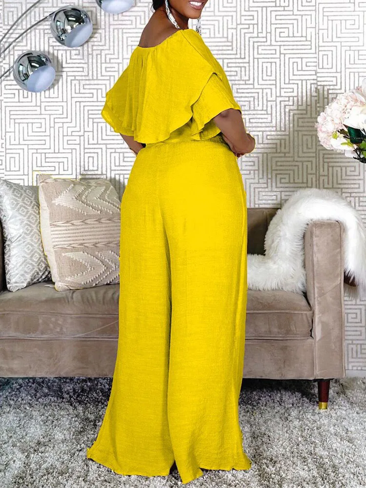 Plus Size 2 Piece Set for Women Clothing Sexy Off Shoulder Ruffles Crop Top Casual Elegant Wide Leg Long Pants Fashion Outfits