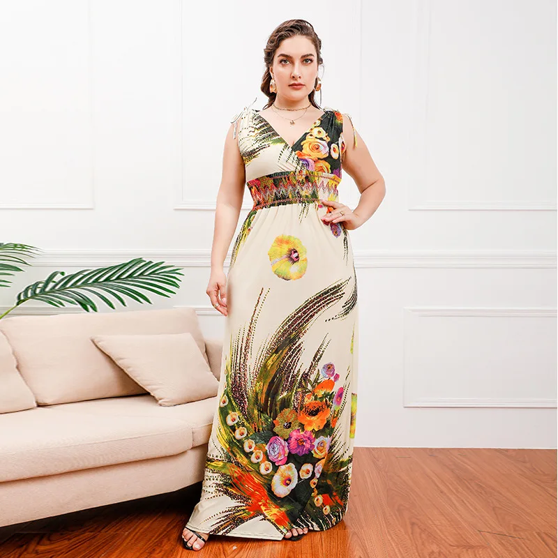 Plus Size Elegant Dresses for Female Sleeveless Flower Design Sexy 4xl Big Size Woman Dress