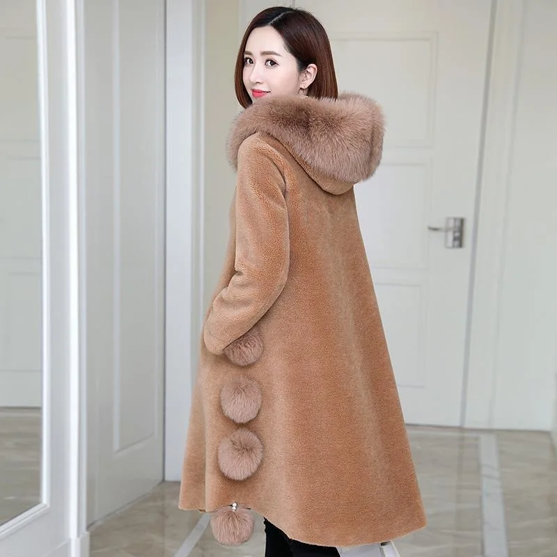 2022 new sheep shearling coat women's mid-length fur one fox fur grain wool fur coat