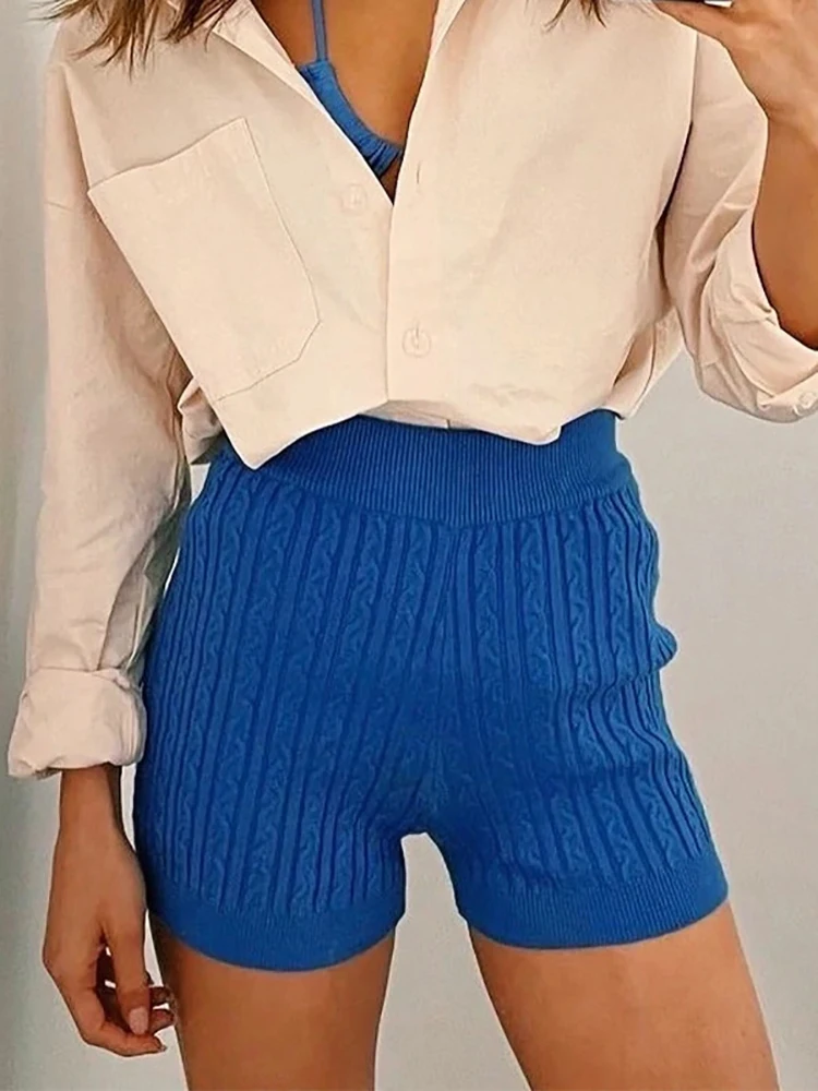 

Mnealways18 High Waisted Pull-On Shorts Crochet Women Knitted Shorts Summer Bodycon Sweater Female Hot Shorts Blue Knitting 2022