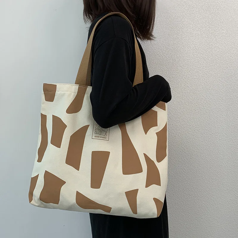 Casual Tote One Shoulder Underarm Schoolbag Korean Zipper Artistic Design Large Capacity Hand Bag for Women Fashion Canvas Bag
