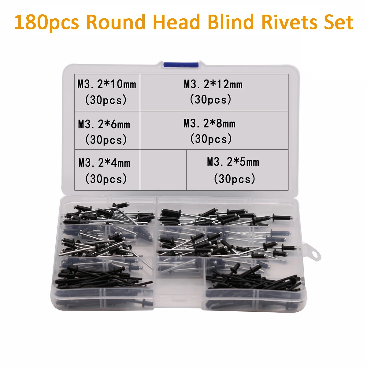 

180Pcs/Set Metric M3.2 Aluminium Round Head Open End Black Blind Rivets For Furniture Assortment Kit Set GB
