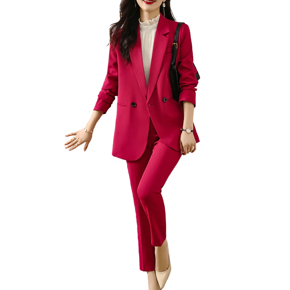 Casual Suits Rose Red Women New Autumn Professional Fashion Design Long Sleeve Blazer And Pants Office Ladies Work Wear Coffee