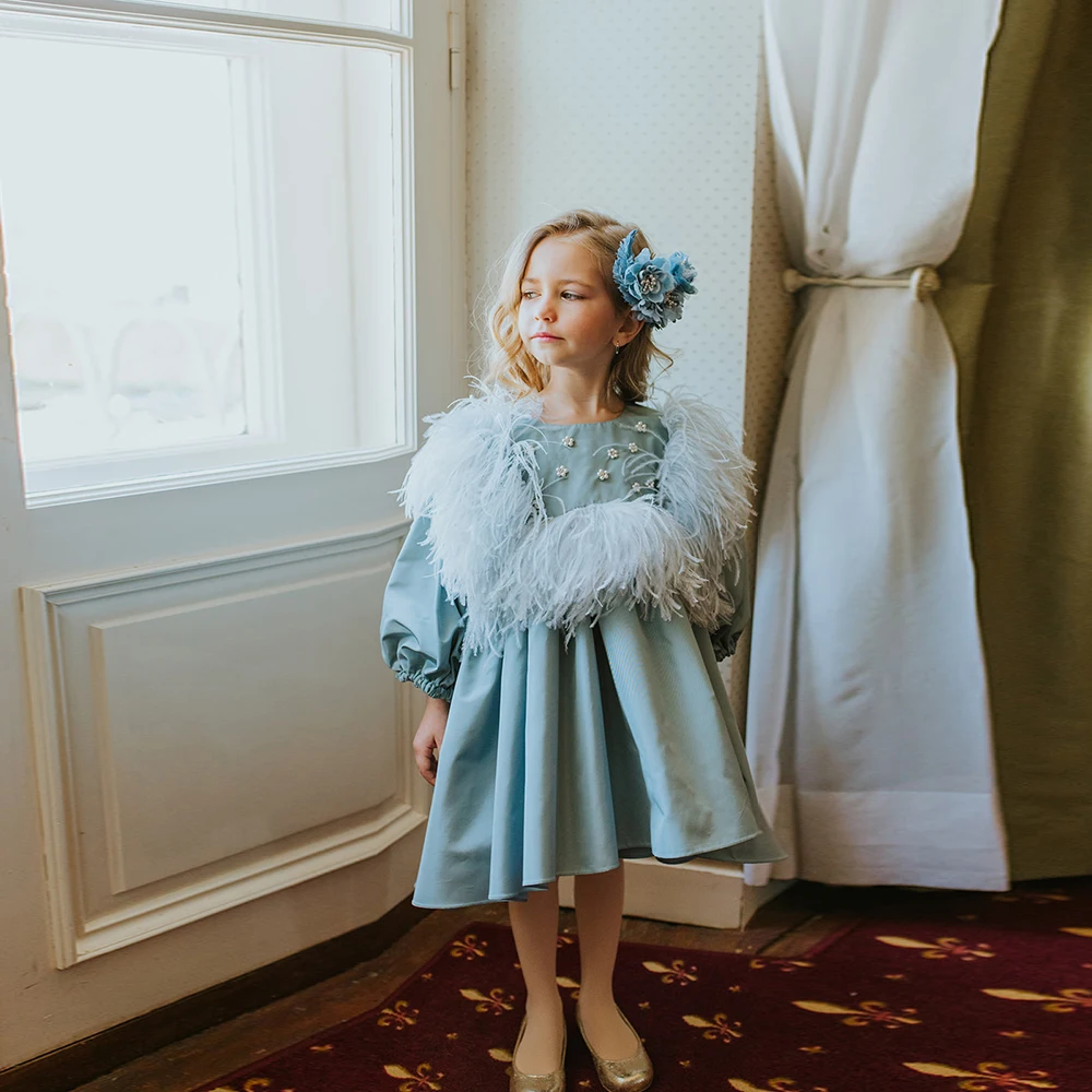 

Elegant Blue Brithday Dress Feathers Beading 2022 New O-Neck Long Sleeve A-Line Party Gown With Zipeer Custom Flower Girl Dress