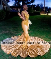 luxury gold beaded ruffles mermaid prom dresses sexy crystal backless african black girls evening gowns formal party dress