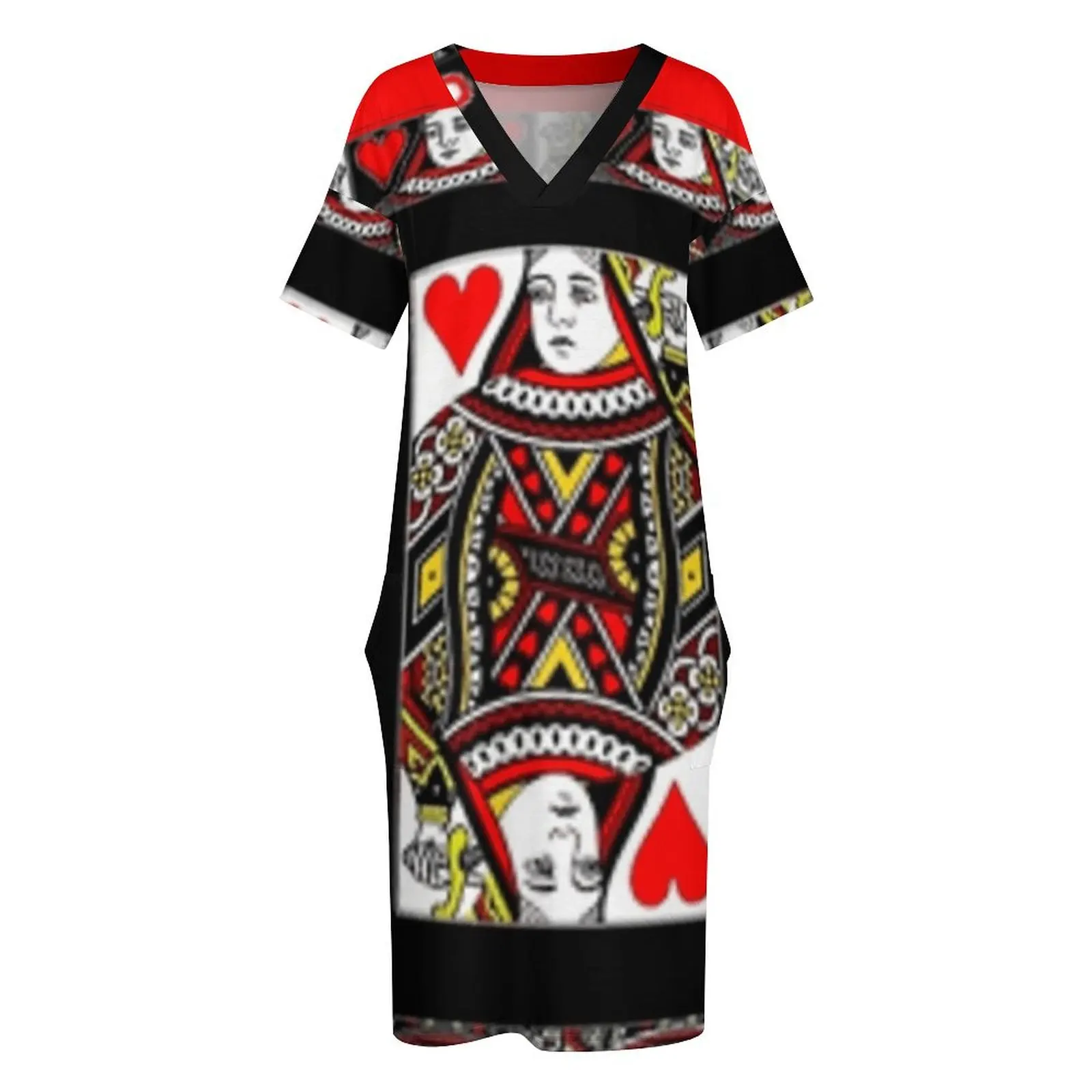 Женское платье с карманами свободное красного и черного цвета принтом королевы