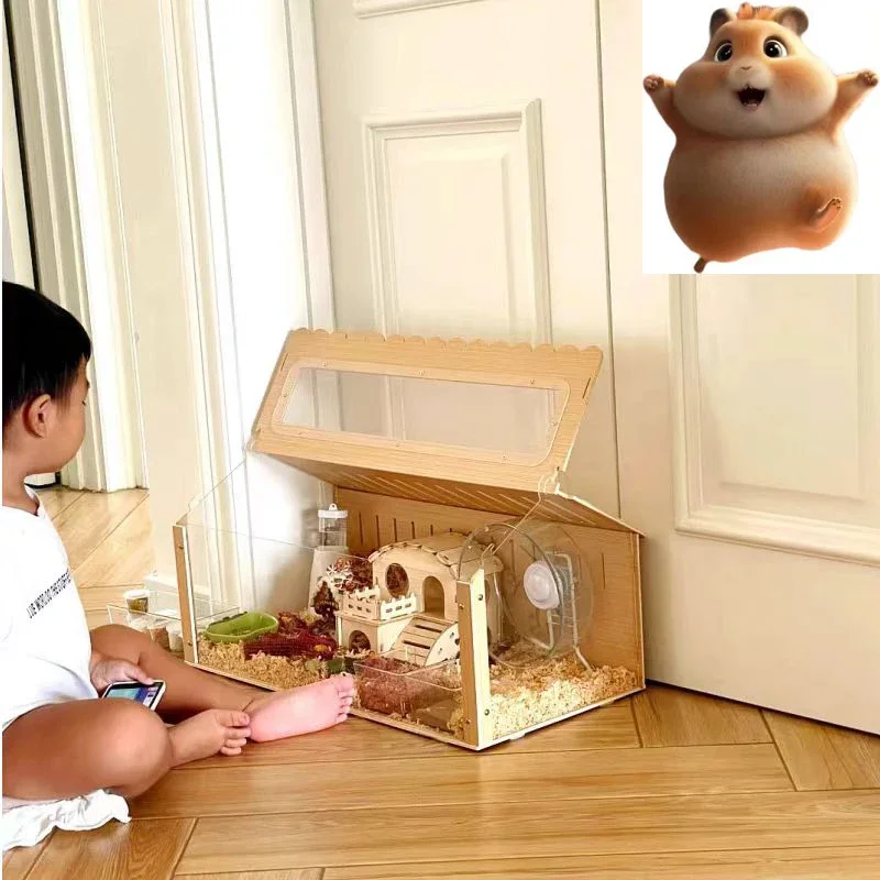 Акриловая и деревянная клетка для хомяка сборная прозрачная видимая кормления