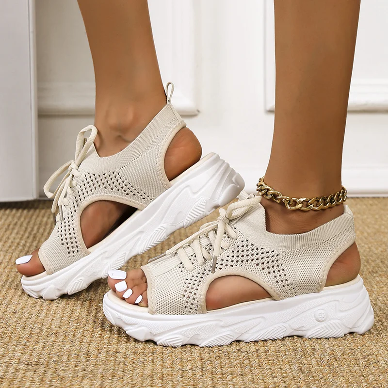 Sandal Women Summer 2023 Casual Platform Shoes Thick-Soled Lace-Up Sandalias Open Toe Beach Shoes for Women Zapatos Mujer