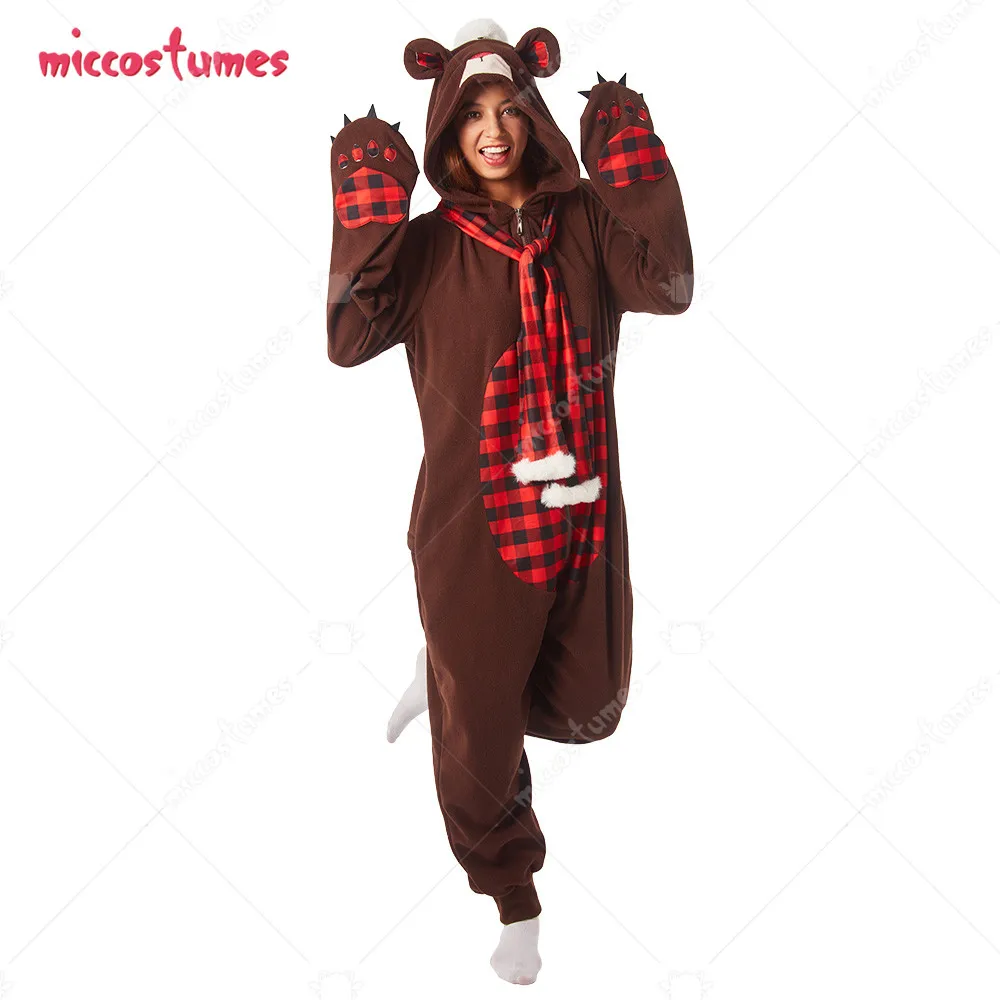 

Women Christmas Onesie Teddy Bear Adult Onesie Red and Black Plaid Onesie Pajama Long Sleeve Hooded Kigurumi Costume