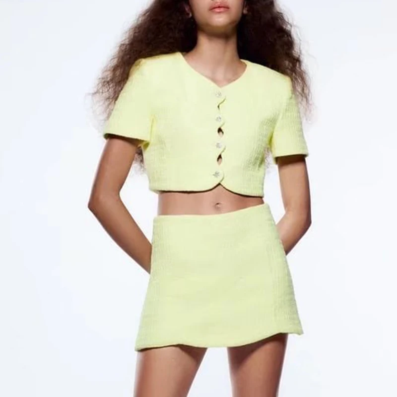 

2022 Summer Women Short Sleeve Single-breasted O Neck Tweed Coat Versatile High Waist A-line Culottes Two Piece Suit BB22374