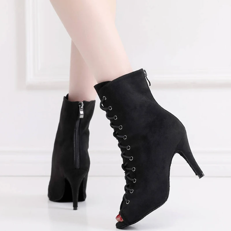 Женские черные фланелевые ботинки для девочек обувь бальных танцев на шнуровке