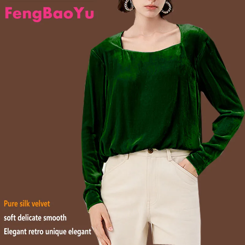Fengbaoyu Silk Velvet Spring and Autumn Lady's Long-sleeved Blouse Retro Square Collar Top Original Design Fashion Free Shipping