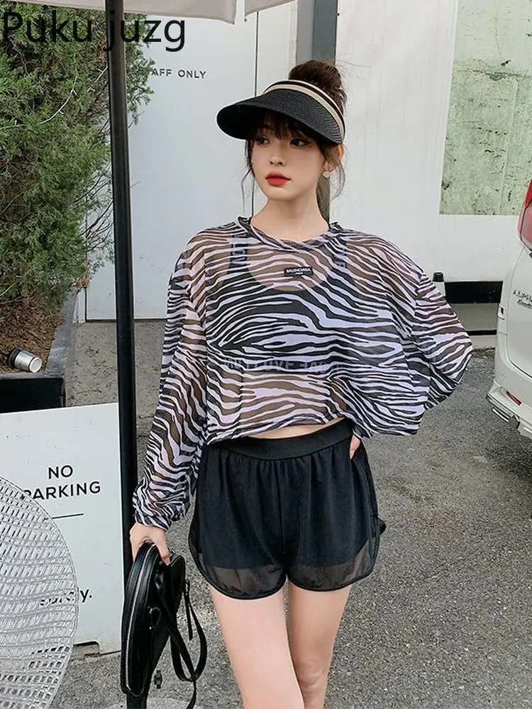 

Спортивный купальник Puku Juzg, Новинка лета 2022, Солнцезащитная блузка с длинными рукавами, закрывающая живот, женский купальник в Корейском ст...