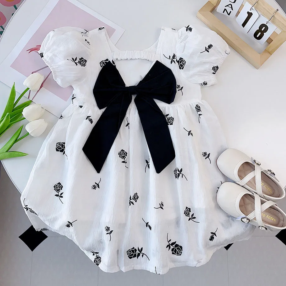 

White Dress Girls Summer Dresses 2023 Kids Clothing Flower Print Puff Sleeve Back Bowknot Bow Princess Dress 3-7 Years Children