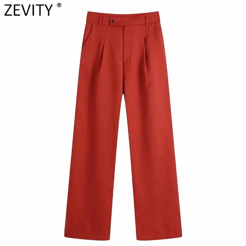 

Zevity Women Fashion Pleat Design High Waist Straight Pants Office Ladies Chic Zipper Fly Long Trousers Pantalones Mujer P1226