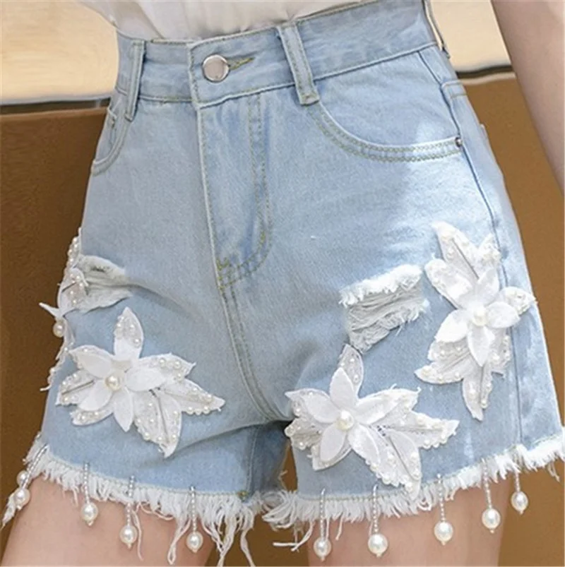 Summer Flowers Beaded Fashion Shorts Jeans Oversize S-XL Denim Shorts Women Ripped Sexy Washed Jeans Shorts Harajuku Streetwear