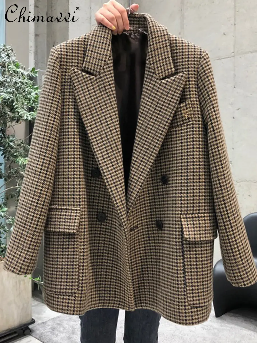 Fashion Plaid Retro Suit for Women 2023 Spring and Autumn New Korean Style Elegant Straight Long Sleeve Single-Breasted Jacket