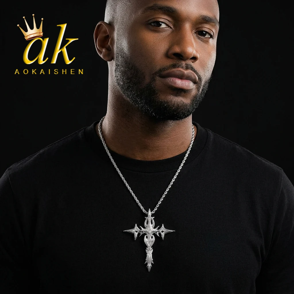 Фото Кулон-крест Aokaishen Iced Out Hero для мужчин, позолоченный, в стиле хип-хоп, ювелирное украшение №1