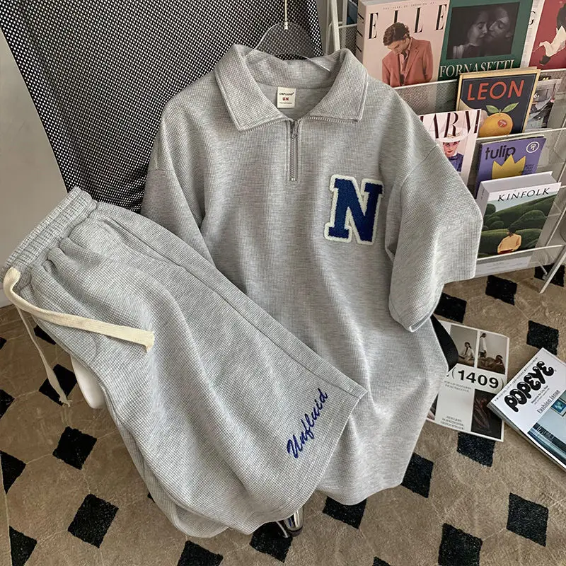 Plus Size Waffle Short-Sleeved T-shirt Two-Piece Women's Summer Plump Girls Loose Shorts Sports and Leisure Suit