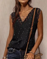 2022 summer new sleeveless top womens sexy glitter crochet lace patch tank top v neck thick strap fashion casual female clothes