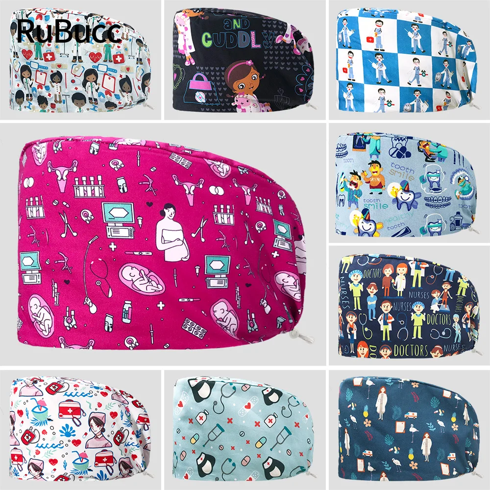 

Adjustable Nurse Accessories Printing Cap New Surgical Doctor Scrub Caps Cotton Pharmacy Dentist Male and Female Pet Doctor Cap
