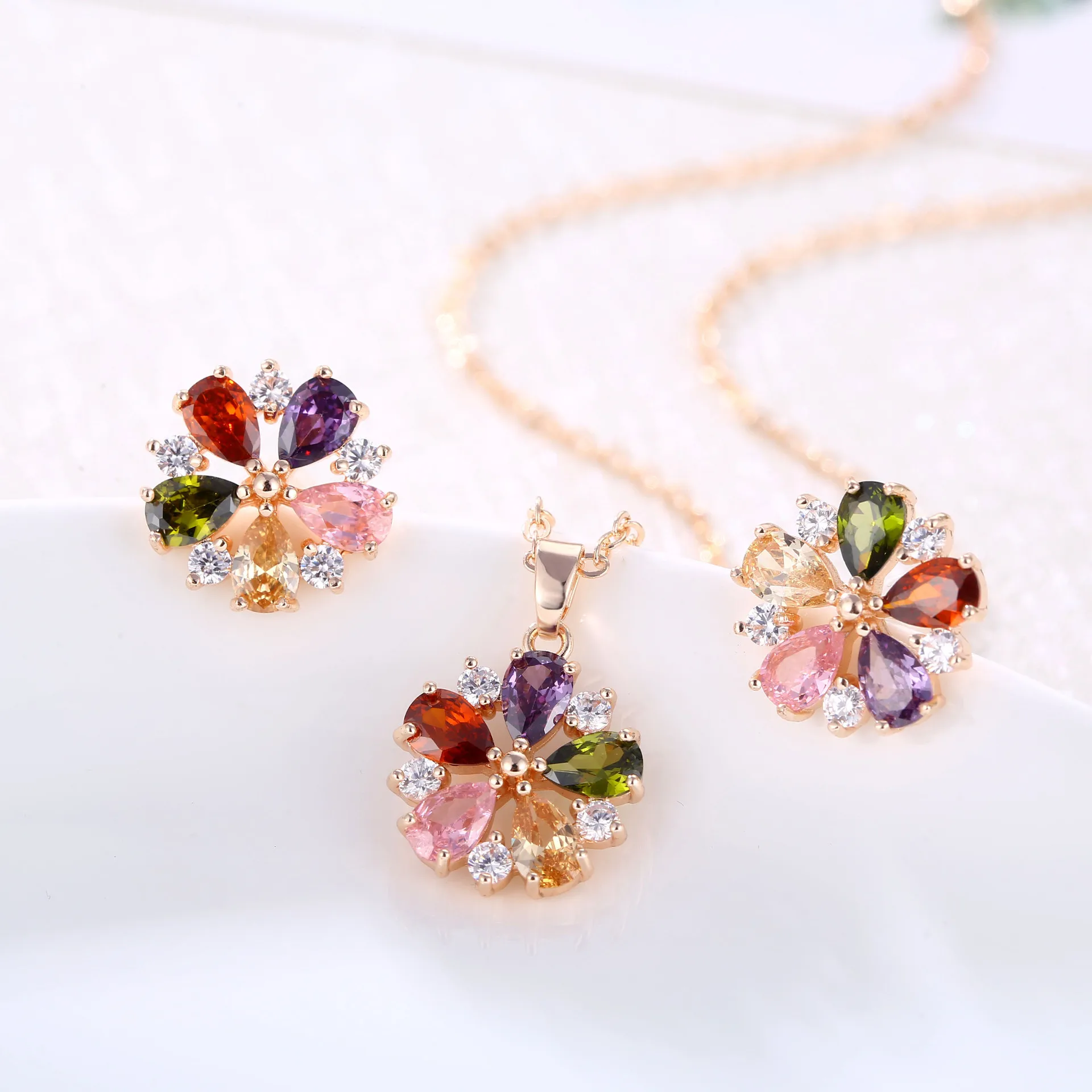 

Grier New Colorful Rose Gold Zircon Flower Set Bridal Weddin Women Earrings Necklace Pendant Party Jewelry Gift Free Shipping