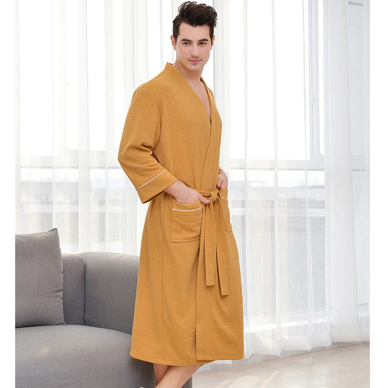 Waffle Unisex Bathrobe Cotton Spring Summer Three Quarter Sleeve Women Dressing Gown Solid Couple Robes With Sashes Bath Robe