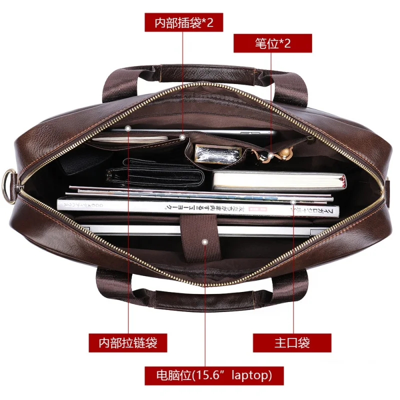 Men Genuine Leather Briefcase Large Capacity Handbag Men's 15.6-Inch Laptop Bag Male Retro Cowhide Crossbody Bag