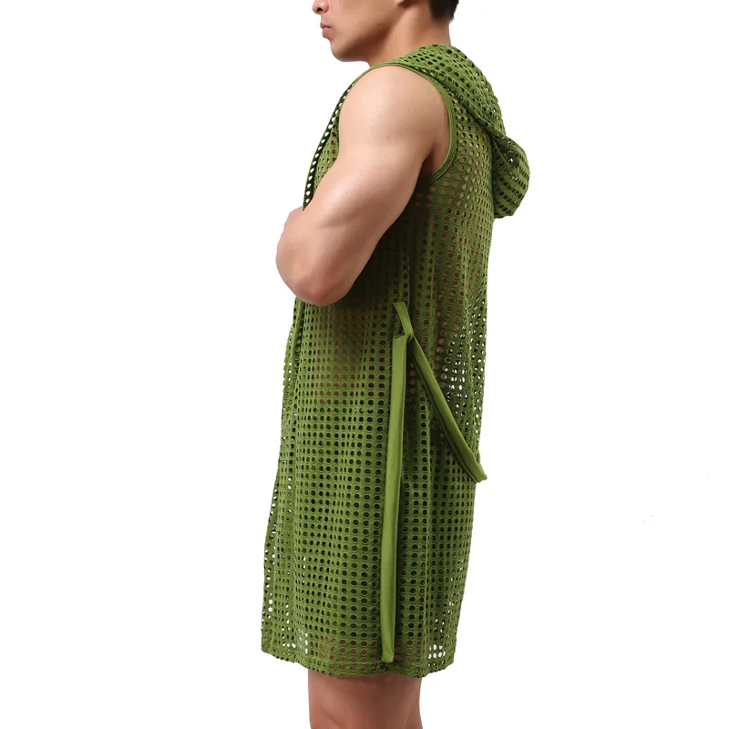 Men Underwear Sleep Tops Sexy Pajamas Male Bathrobe Home Wear Casual Loose Sleeveless Hooded Frenulum Sleepwear Kimono