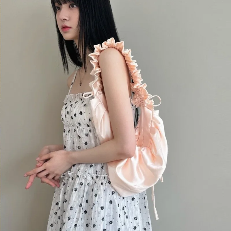 

Korean Designer Versatile Casual Tote Pleated Drawstring Design Large Capacity Shoulder Bag Oxford Crossbody Bags for Women New