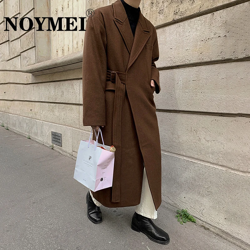 

NOYMEI Male New Bandage Waist Autumn Winter Men's Woolen Mixtures Coat Trend Loose Overcoat Mid Long Thickened Korean WA2284