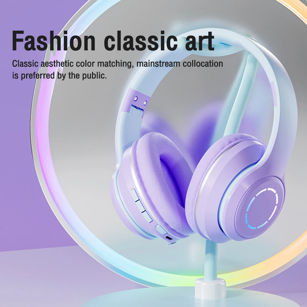 

Gradient Color Collapsible immersion Bluetooth 5.2 Wireless Music Headset LED Light With Mic Gamer Earphone Kids Christmas Gifts