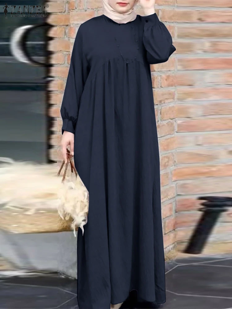 

ZANZEA Elegant Muslim Maxi Dress Solid O-Neck Long Sleeve Dresses Abaya Kaftan for Women Bohemian Vintage Causal Holiday Robe