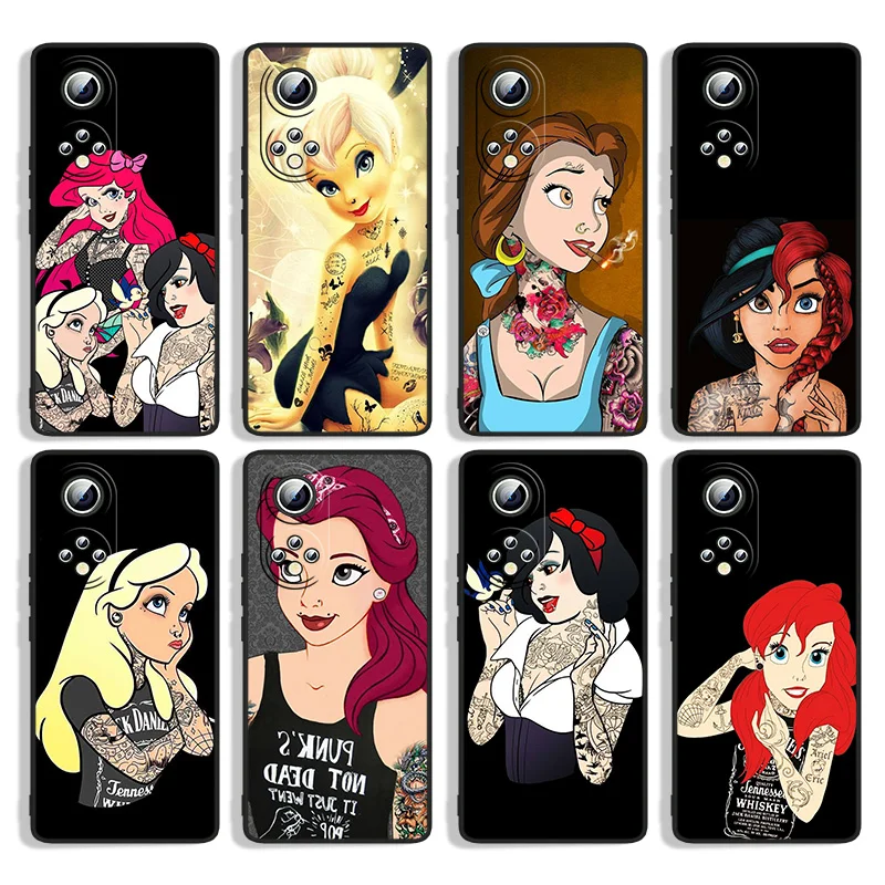 

Disney Princess Tattoo For Huawei Honor 60 SE 50 30i 20 10i 10X 10 9X 9C 9A 8A X8 Lite Pro Black Silicone Phone Case Capa
