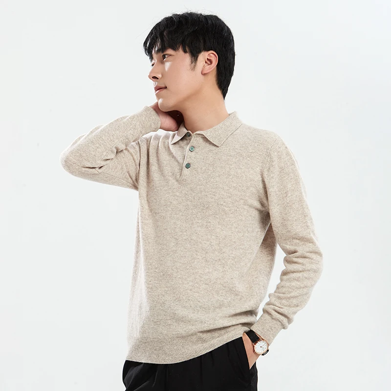 Зима 2024 классический мужской вязаный пуловер раньше воротник поло длинные
