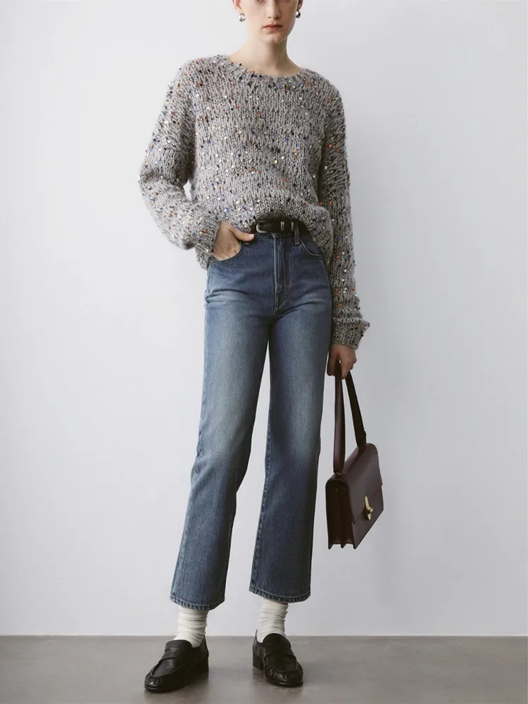 

Женский трикотажный свитер с блестками, разноцветный ажурный пуловер с круглым вырезом и длинным рукавом в стиле ретро, зима 2023