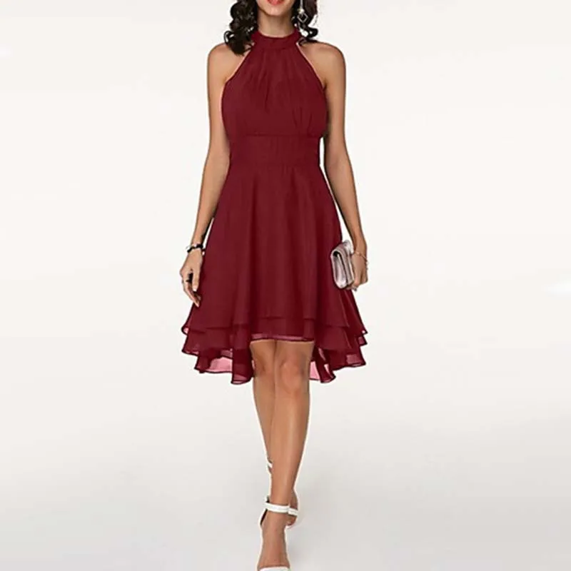 

2022 Summer Sexy Dress Solid Irregular Cut A-line Ruffles Sleeveless Chiffon Midi Dresses for Women Office Casual Loose Vestidos
