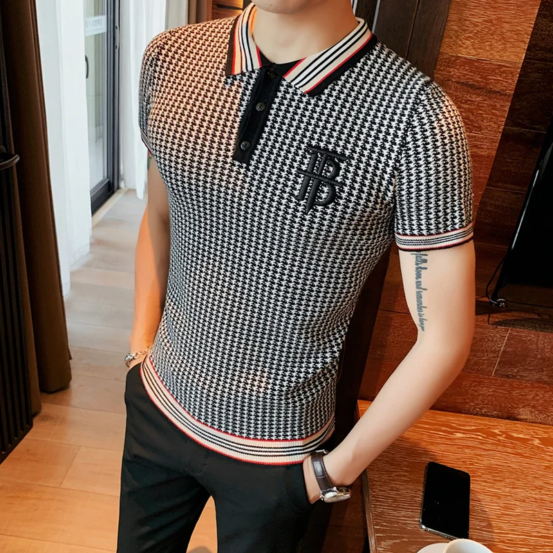 

Men's Short Sleeve Polo Shirts 2022 Summer Houndstooth Fashion Casual Slim Knit T-Shirts Lapel Polo Shirts Brand Male Clothing