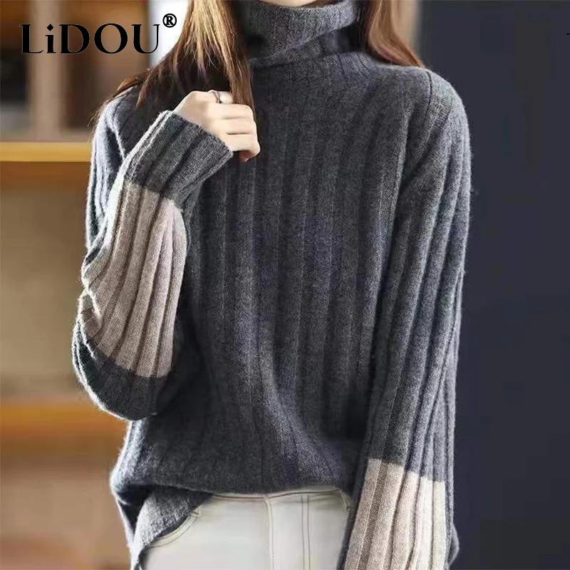 Autumn Winter High Collar Loose Casual Patchwork Sweater Top Women Thick Warm All-match Knitting Jumper Ladies Vintage Pullover