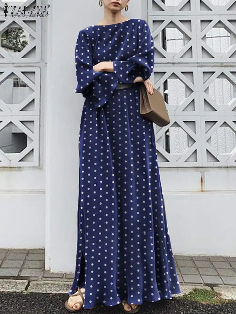 

ZANZEA Women Elegant High Waist Sundress Fashion 2020 Summer Sexy Long Sleeve Dots Printed Vestidos Casual Loose Robes Femme