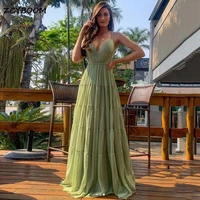sevy green deep v neck dubai evening dresses dot tulle spaghetti straps for women beach tiered backless party prom gowns 2022